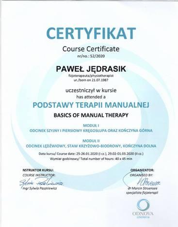 Certyfikat: Podstawy terapii manualnej, moduł I i II