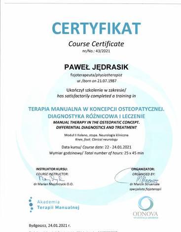Certyfikat: Terapia manualna w koncepcji osteopatycznej: diagnostyka różnicowa i leczenie