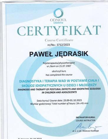 Certyfikat: Diagnostyka i terapia wad postawy ciała oraz skolioz idiopatycznych u dzieci i młodzieży